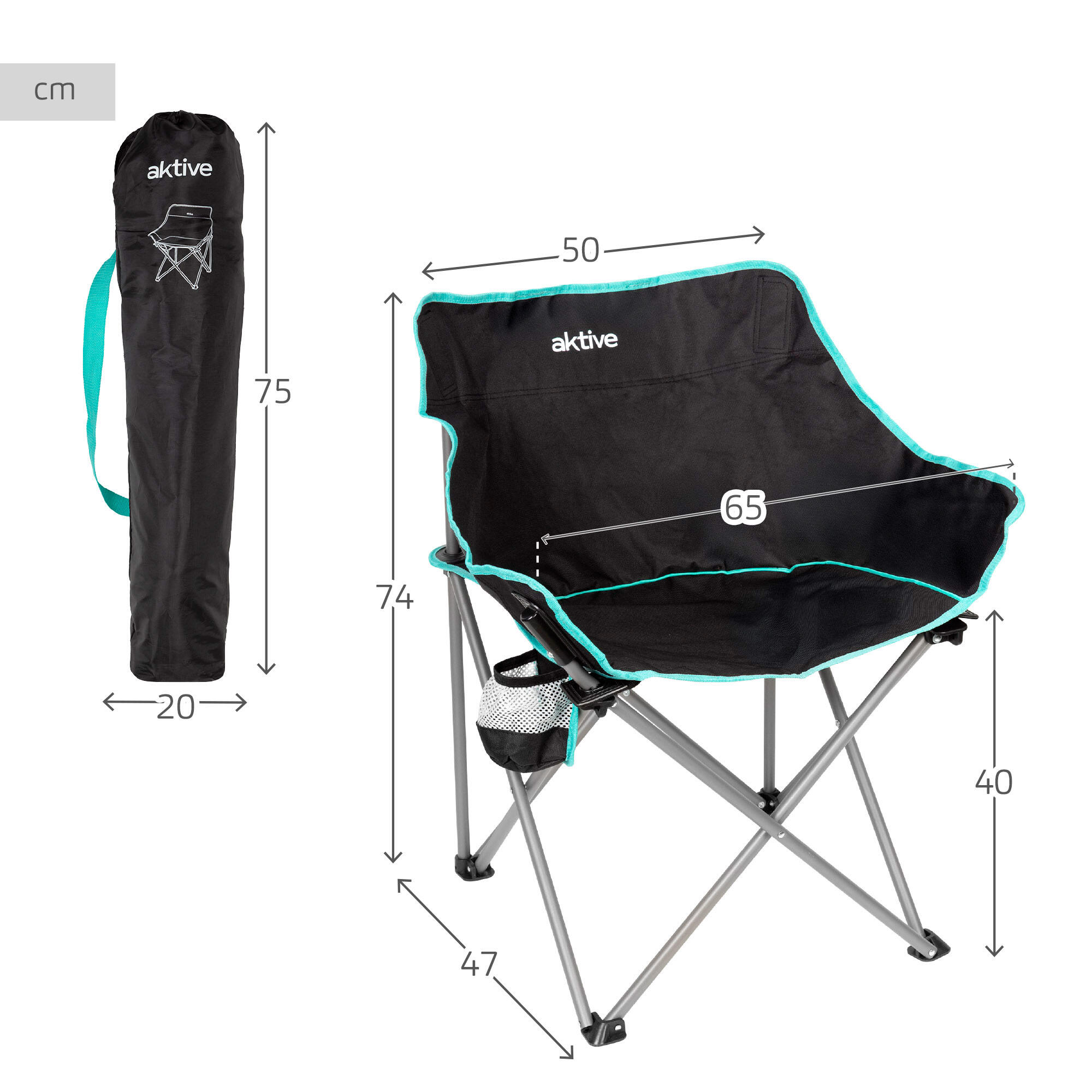 Aktive Chaise de camping pliante 50x65x38 cm avec porte-gobelet, noire 4/7