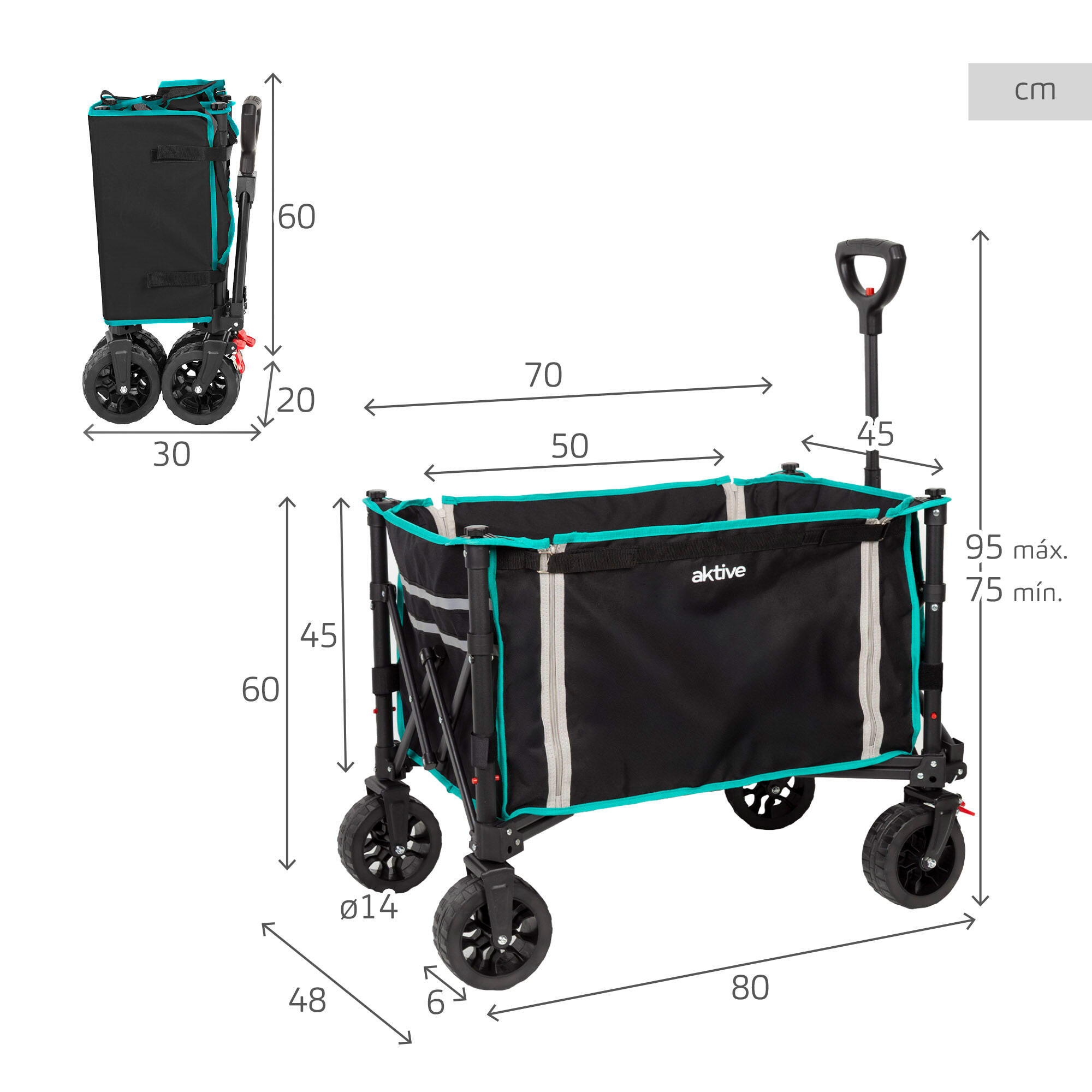 Aktive Opvouwbare strandtrolley 70x45x75/95 cm zwart met all-terrain wielen 4/7
