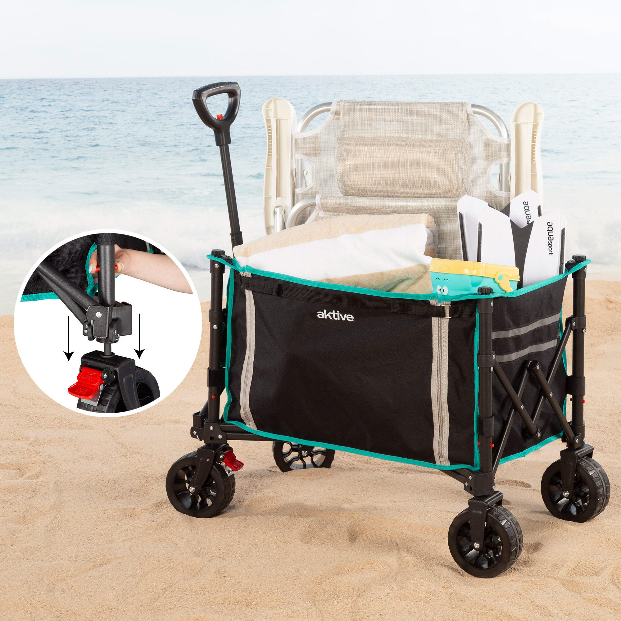 Aktive Opvouwbare strandtrolley 70x45x75/95 cm zwart met all-terrain wielen 6/7