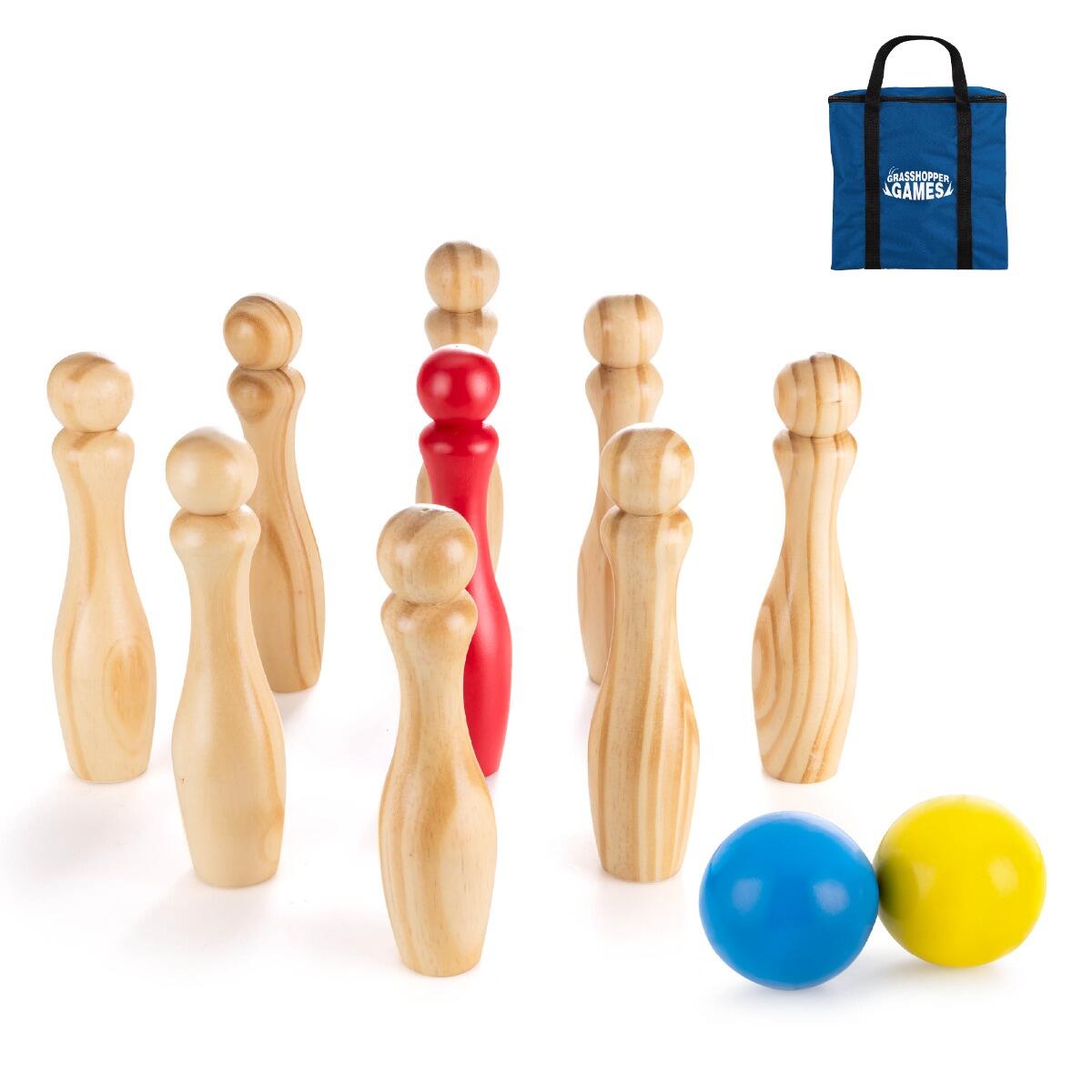 TOYRIFIC Grasshopper Game Wooden Skittles Bowling Set for Kids, Outdoor Indoor, Wooden