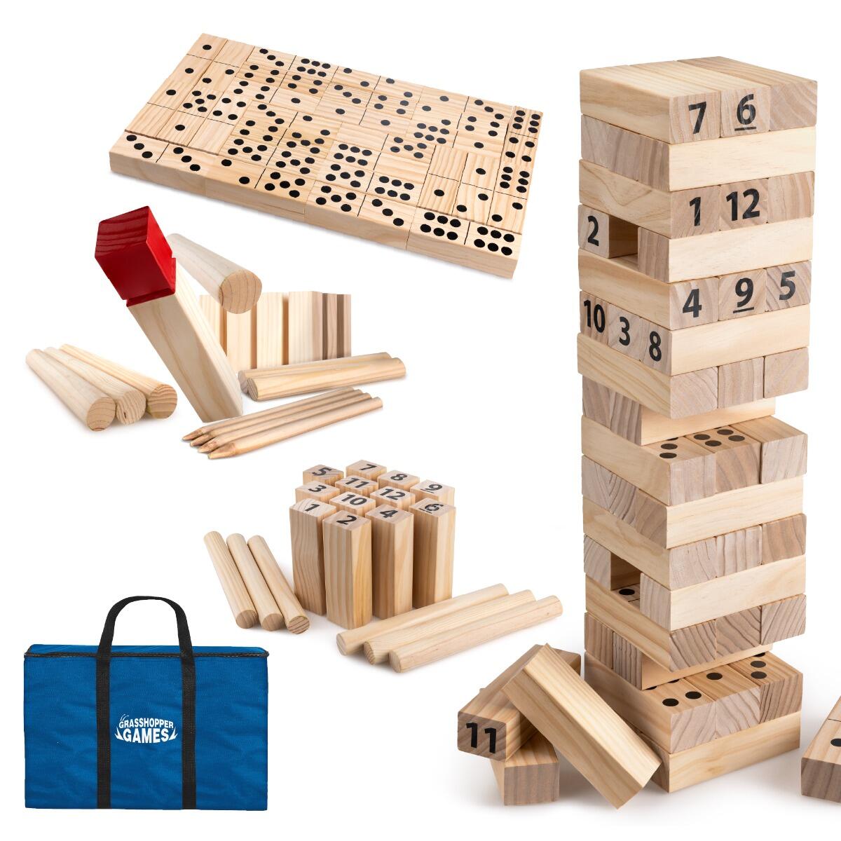 TOYRIFIC Grasshopper Games 4 in 1 Set 4 KUBB Number KUBB and Stack ‘N’ Fall, Complete Set