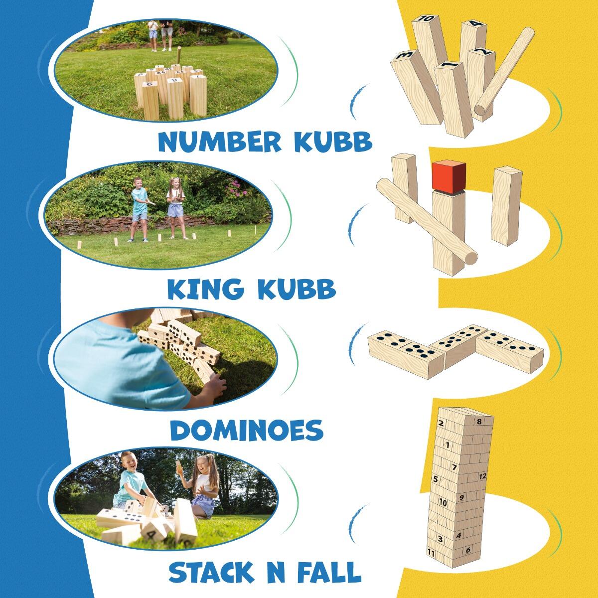 Grasshopper Games 4 in 1 Set 4 KUBB Number KUBB and Stack ‘N’ Fall, Complete Set 5/6