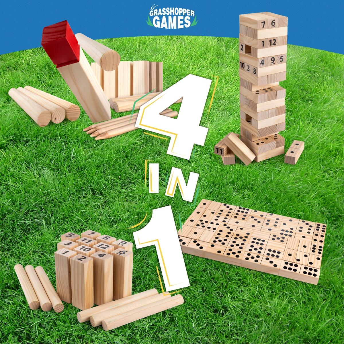 Grasshopper Games 4 in 1 Set 4 KUBB Number KUBB and Stack ‘N’ Fall, Complete Set 2/6
