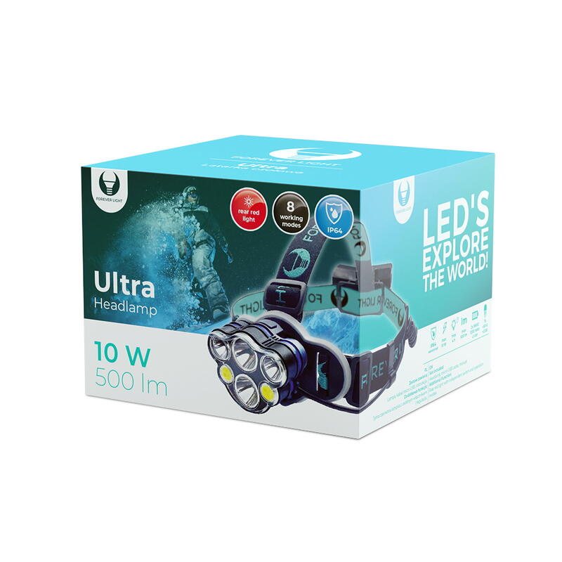 Latarka czołowa LED Ultra T6 2x 10W + XP-E 2x 3W 500lm 2x 18650 1200mAh Li-Ion