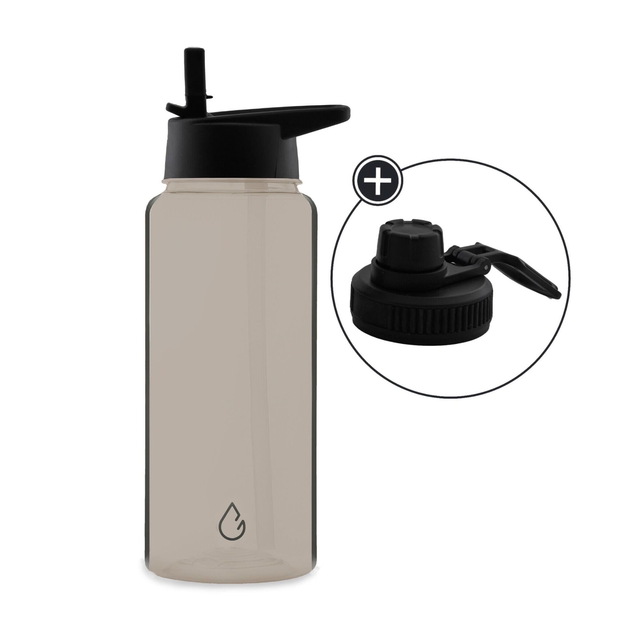 WATTAMULA MOVE waterfles taupe transparant 1 liter - dop met rietje en sportdop
