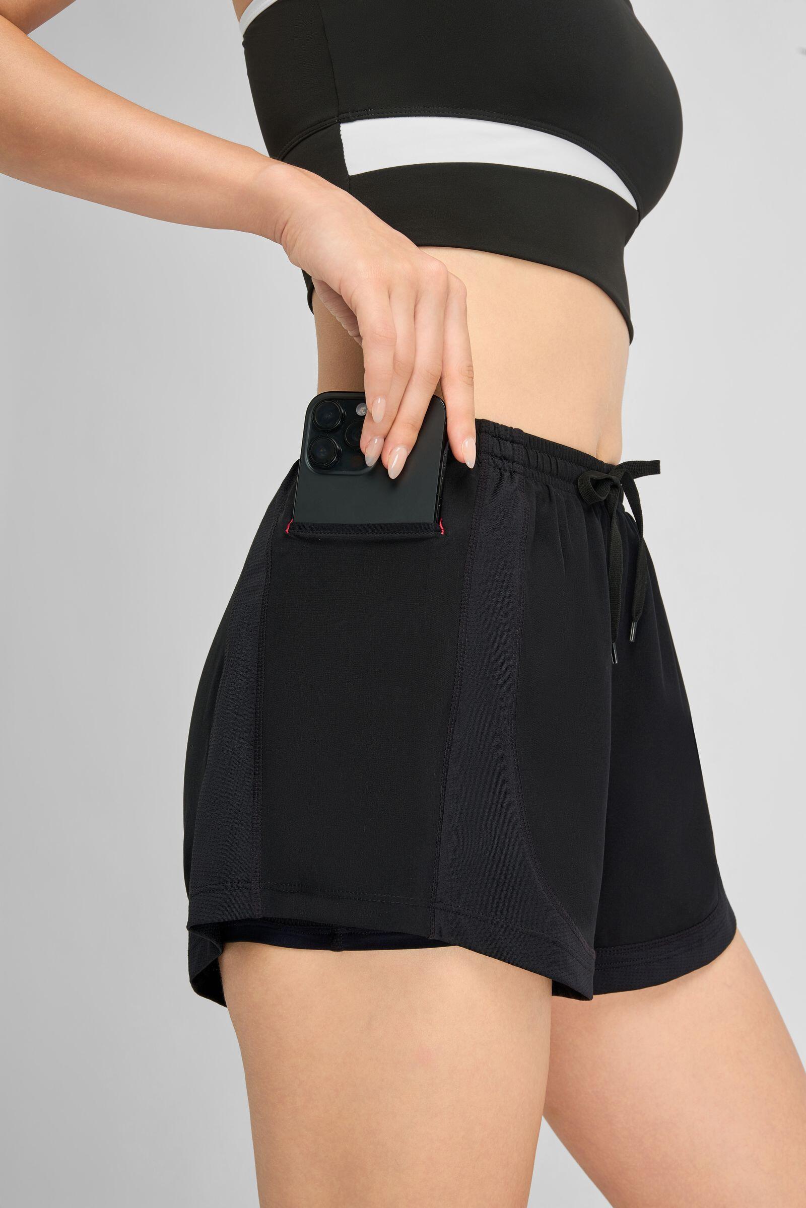 Short Sportivi 2-in-1 Donna con Tasca Telefono & Pantaloncino Interno - Nero 6/7