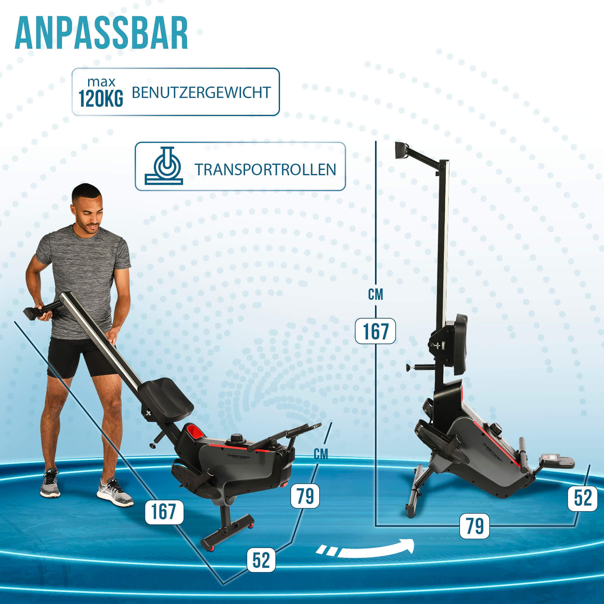 Rudergerät platzsparend - Bluetooth - leise - Alu Laufschiene - RW 1000 schwarz 6/7