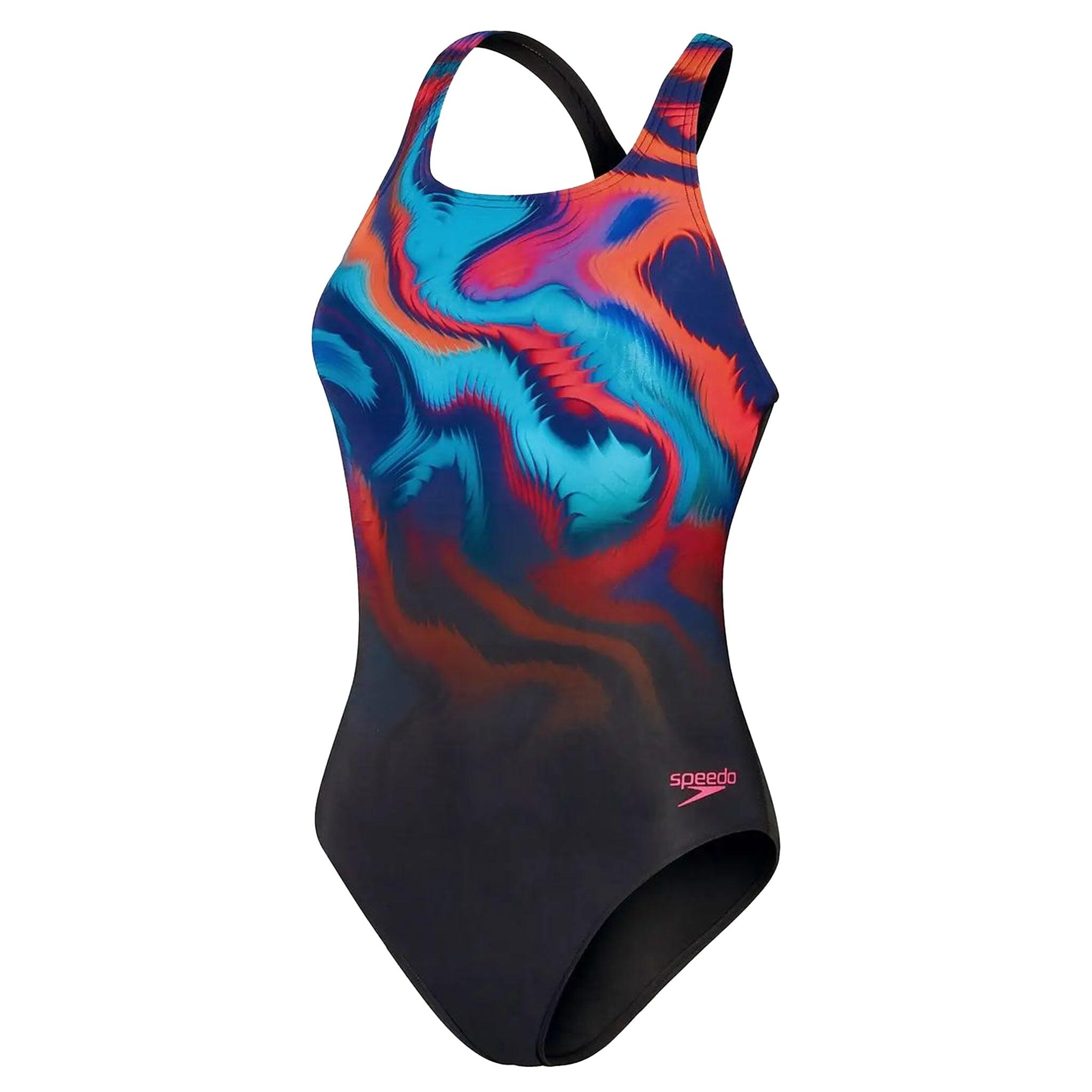 SPEEDO Speedo Printed Medalist Womens Black/Blue Swimsuit