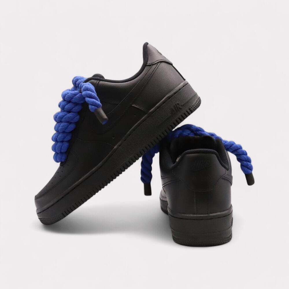 Nike Air Force 1 Black - Rope Lace Blue 3/4