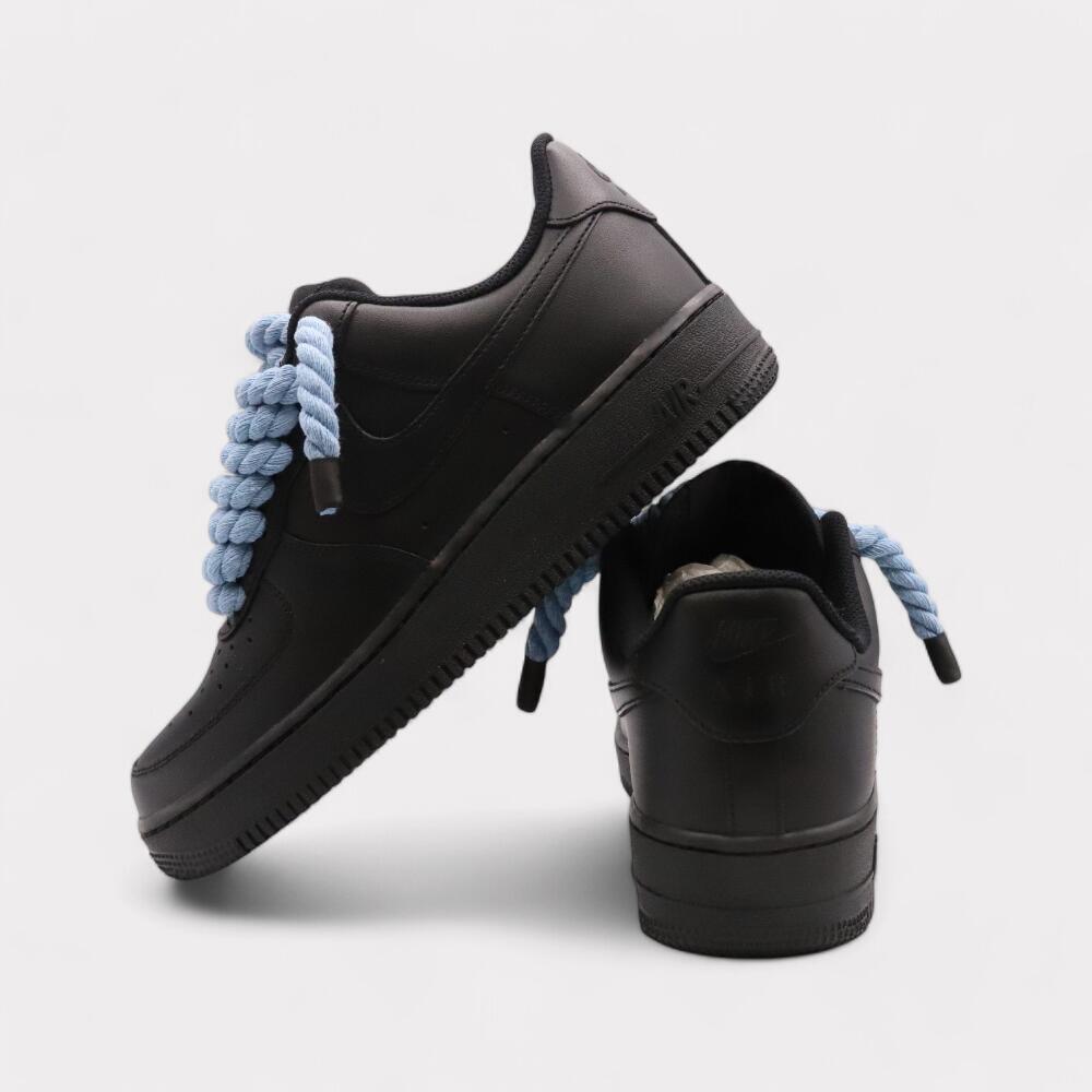Nike Air Force 1 Black - Rope Lace Light Blue 3/4