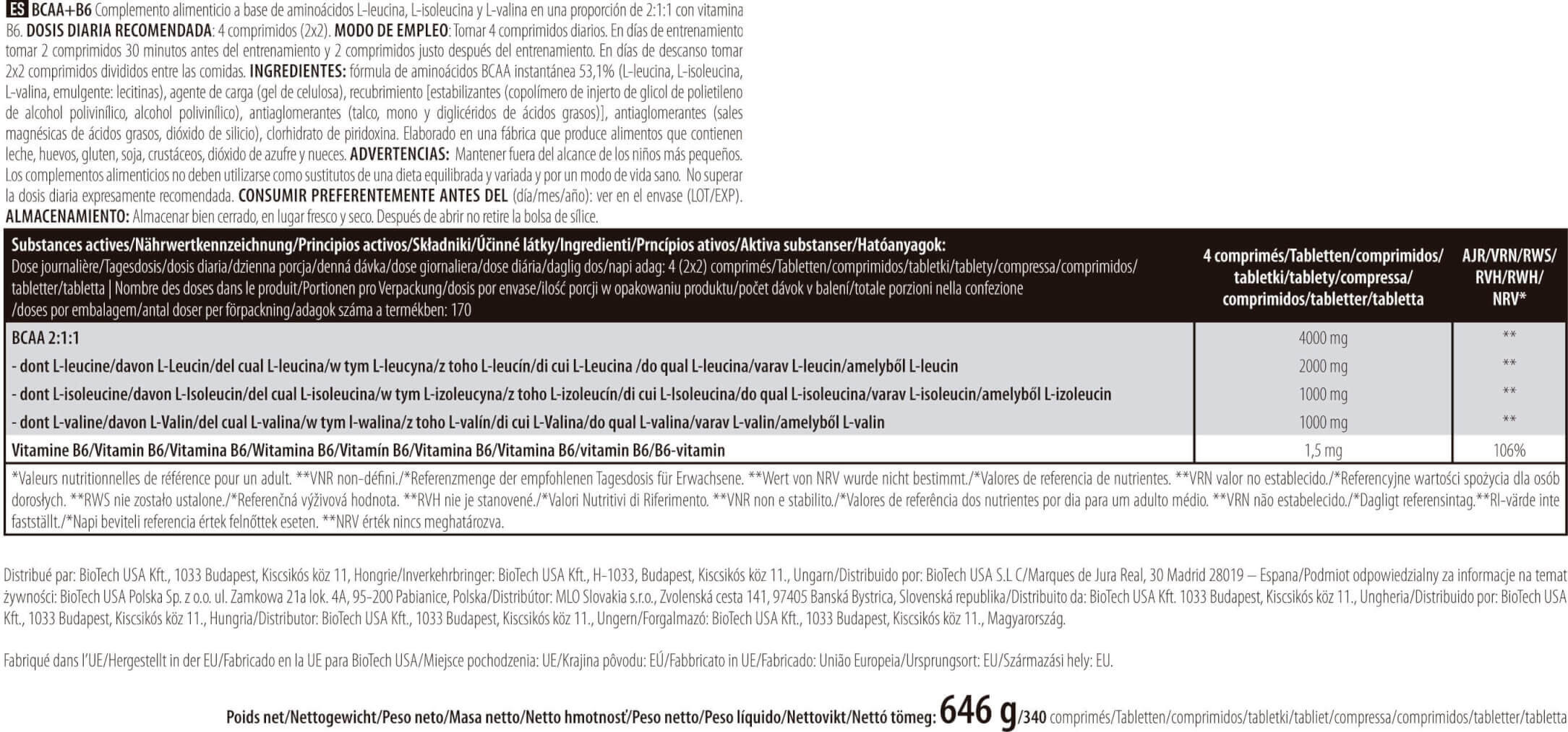 BCAA+B6 - 340 comprimés de Biotech USA 3/4