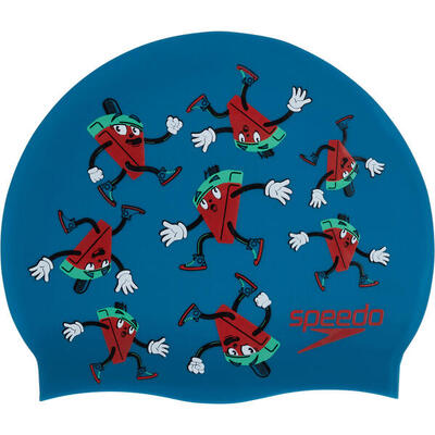 Speedo junior bedrukte siliconen cap - zwart/neon absinthe/lava rood