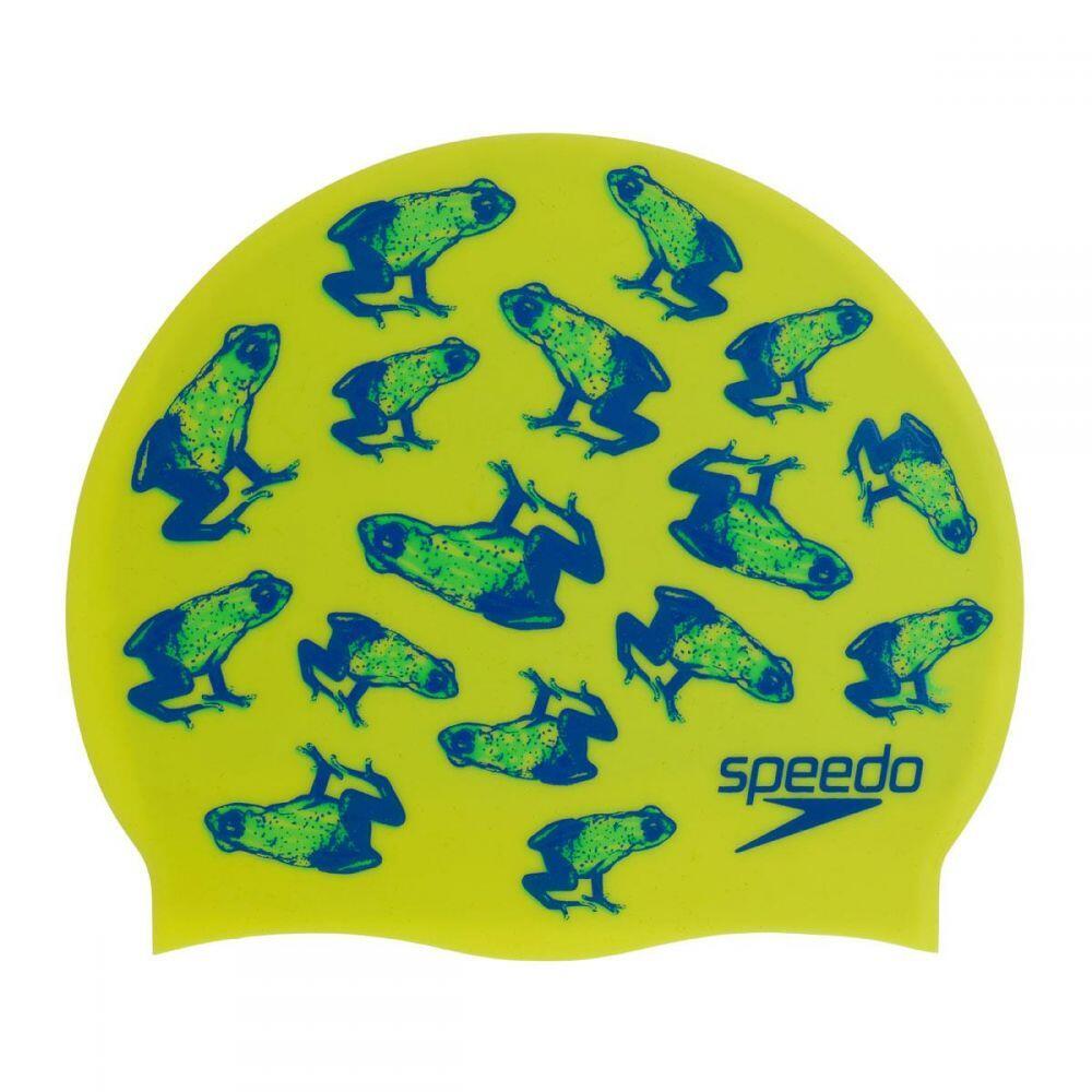 SPEEDO Silikonová čepice Speedo Junior s potiskem, fluo žlutá, pro děti 6–14 let