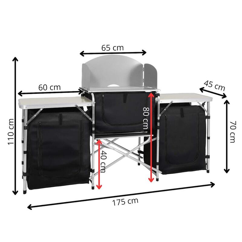 Kuchnia polowa z 3 blatami stolik turystyczny 175x45x110 cm składany w walizkę