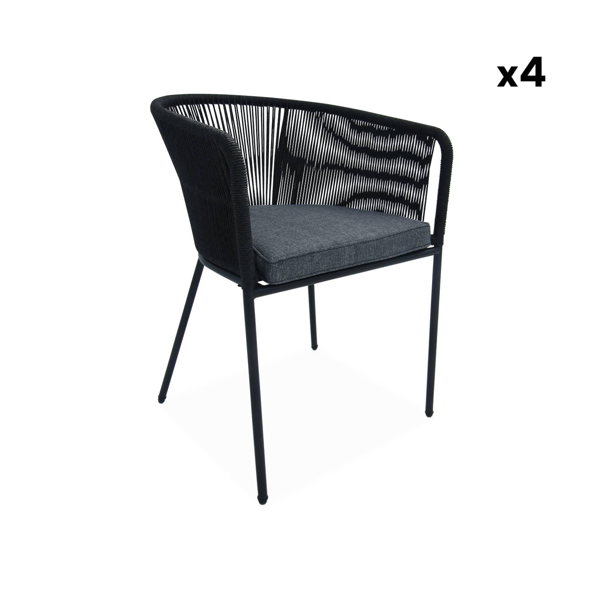Mesa de comedor redonda de madera, interior/exterior + 4 sillones de cuerda y 6/6