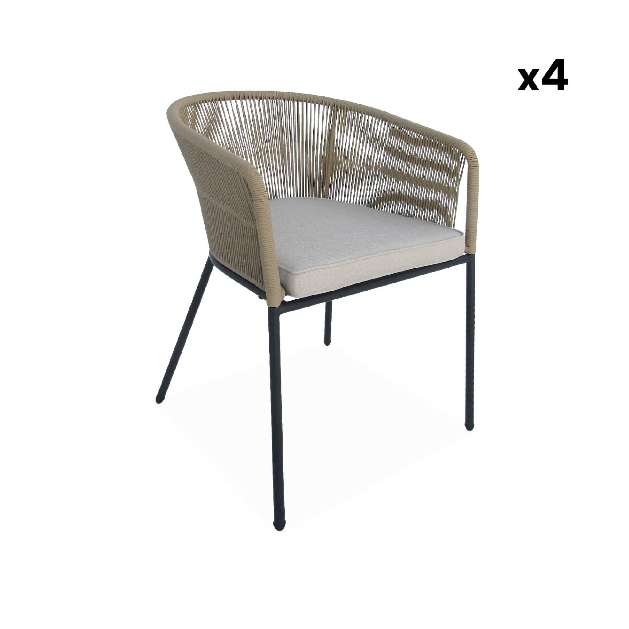 Mesa de comedor redonda de madera, interior/exterior + 4 sillones de cuerda y 6/6