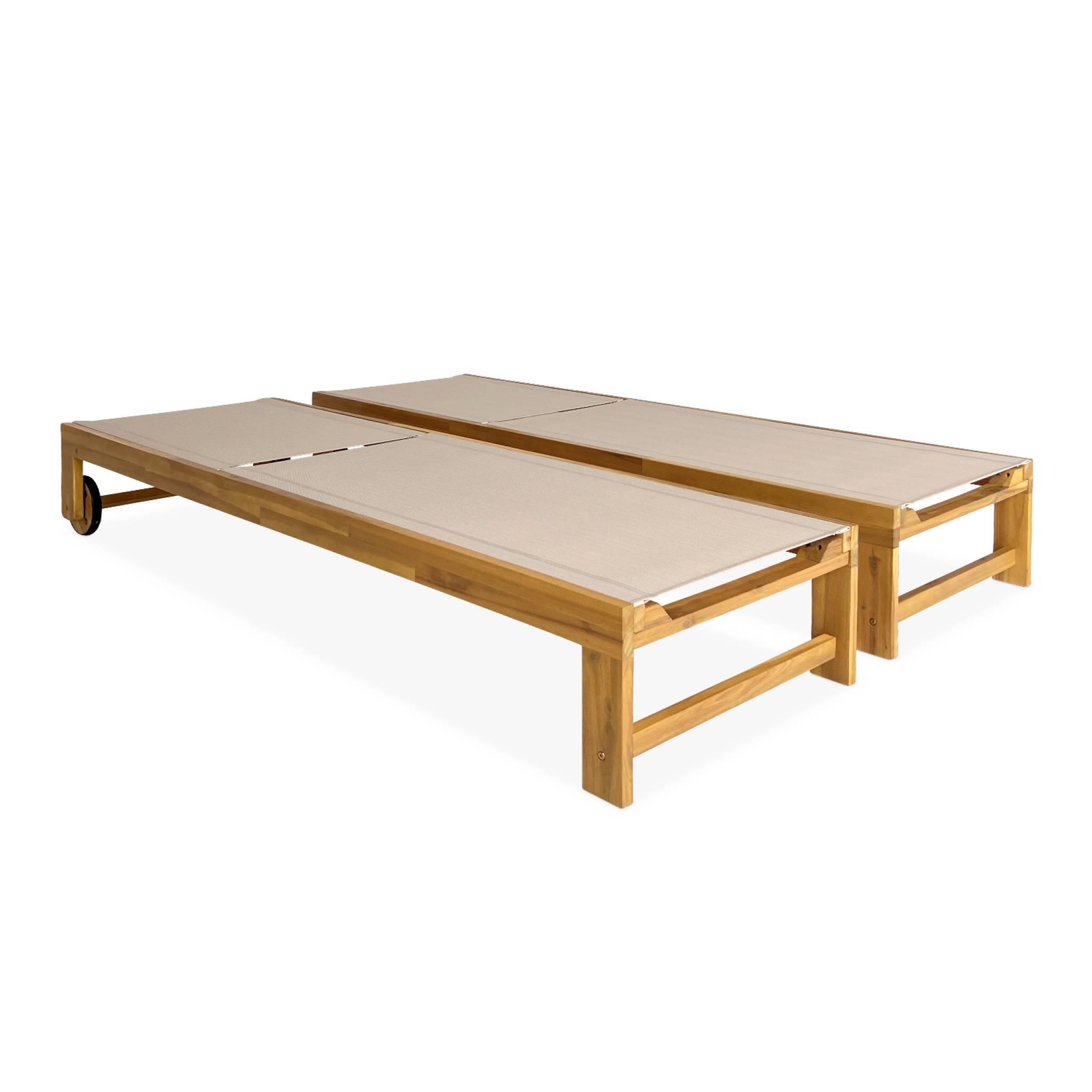 Tumbona de madera de acacia, multiposición, con ruedas, set de 2, Beige 6/6