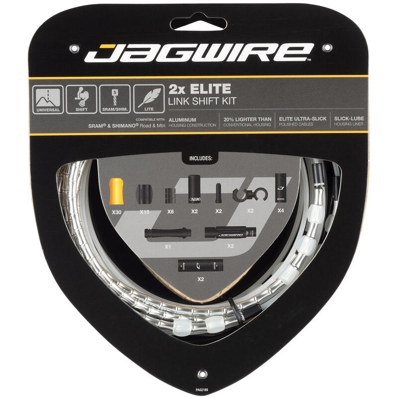 Kit câble de dérailleur Jagwire 2X Elite     À partir de 9999€    JAGWIRE Kit câble de dérailleur Jagwire 2X EliteVendu exclusivement en ligne   