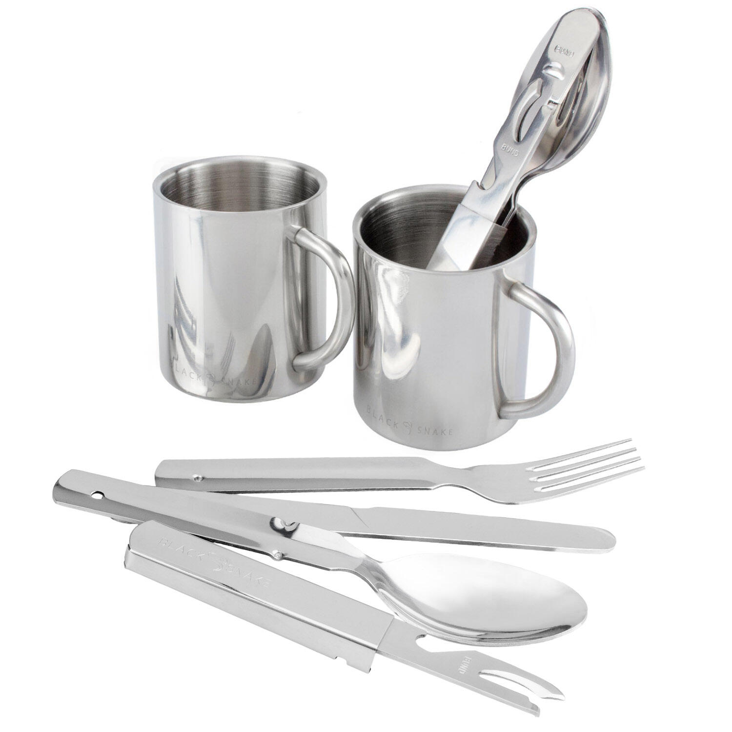 BLACK SNAKE Camping-Essbesteck & Thermotasse Set | Edelstahl | 2 Personen