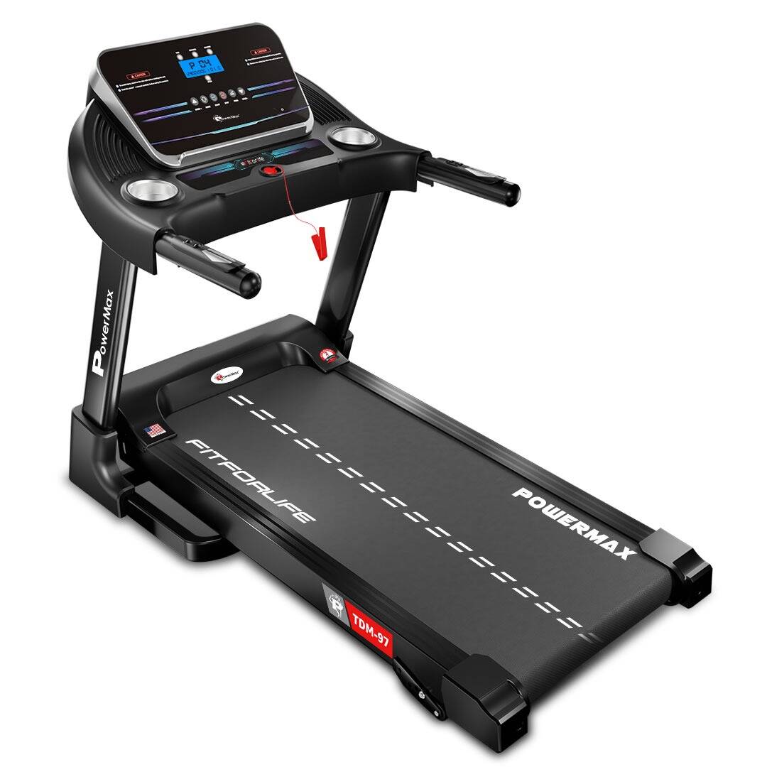 PowerMax Fitness TDM-97 (4HP Peak) Motorised Foldable Treadmill For Home Use| Max User 110Kg | Running Deck 1100X400Mm | Top Speed 12Km/H | Heart Rate Sensor| Ipad Holder | Aux Speaker, Black