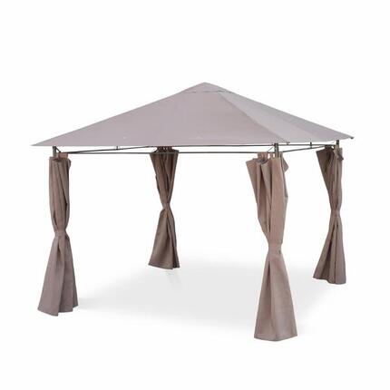 Pavillon 3 x 3 m Holzoptik Stoff ecru- Pergola mit Vorhängen Gartenpavillon