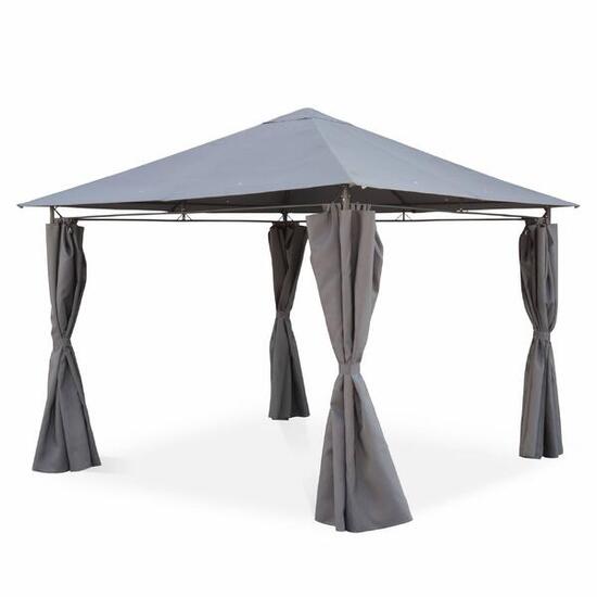 Pavillon 3 x 3 m Holzoptik Stoff ecru- Pergola mit Vorhängen Gartenpavillon