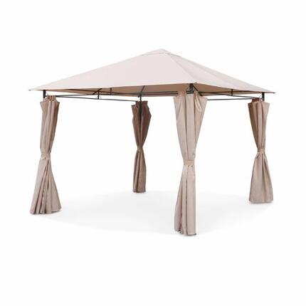 Pavillon 3 x 3 m Holzoptik Stoff ecru- Pergola mit Vorhängen Gartenpavillon