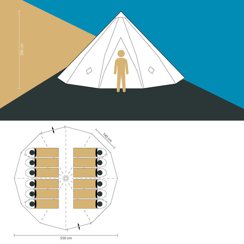 Tente Tipi Kota 550 pour camping - 12 personnes - Hauteur 3 m - Diamètre 5,5 m
