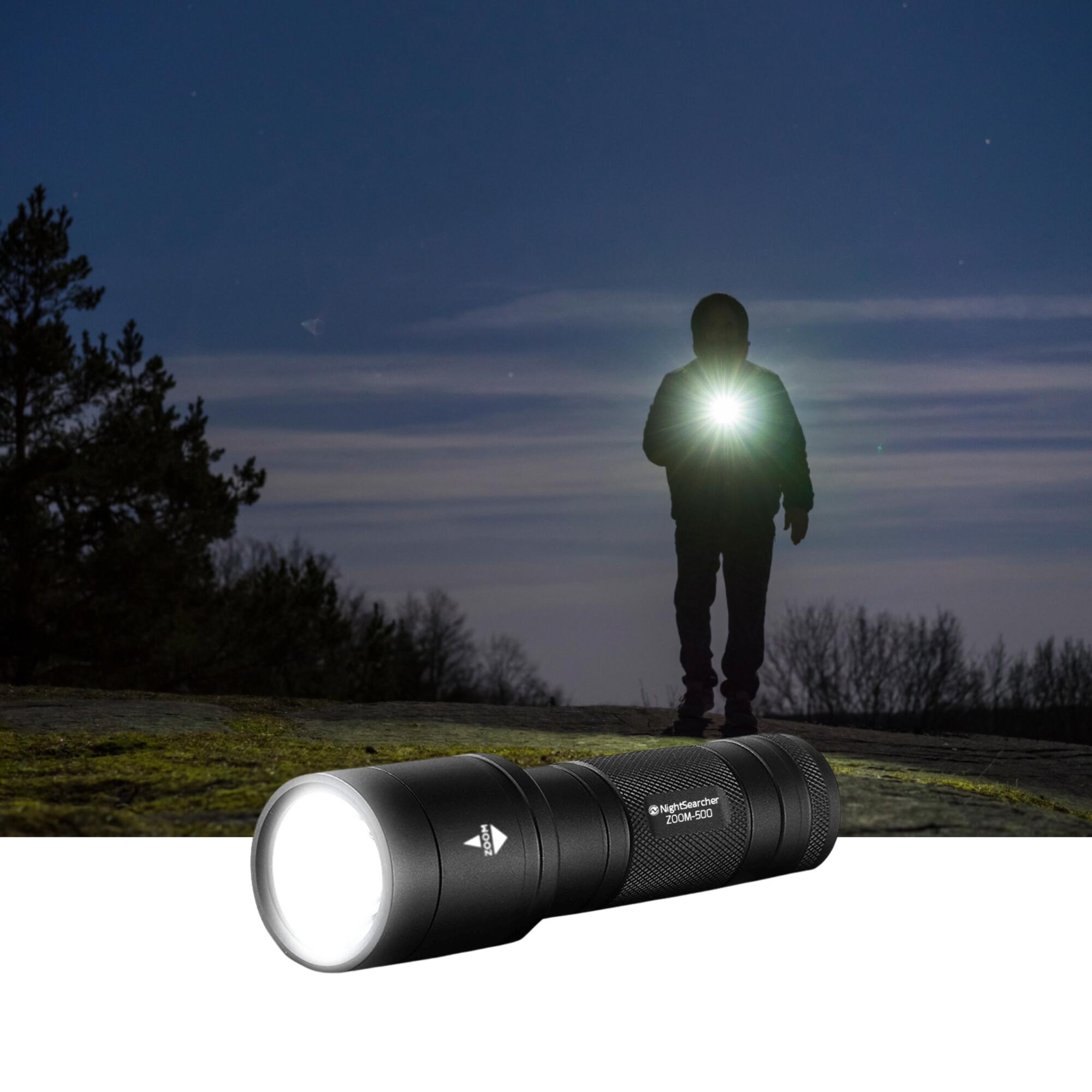NIGHTSEARCHER Zoom 500 - Battery Powered Tactical LED Torch with Adjustable Spot-to-Flood Zoom