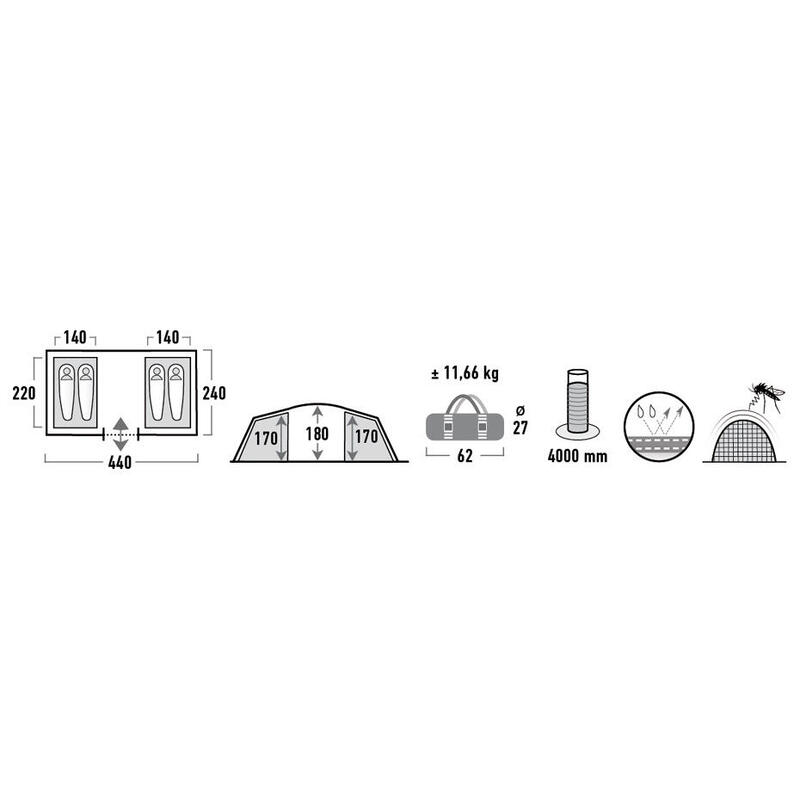 Tenda túnel High Peak VIS-A-VIS Tauris 4, tenda de campismo para 4 pessoas