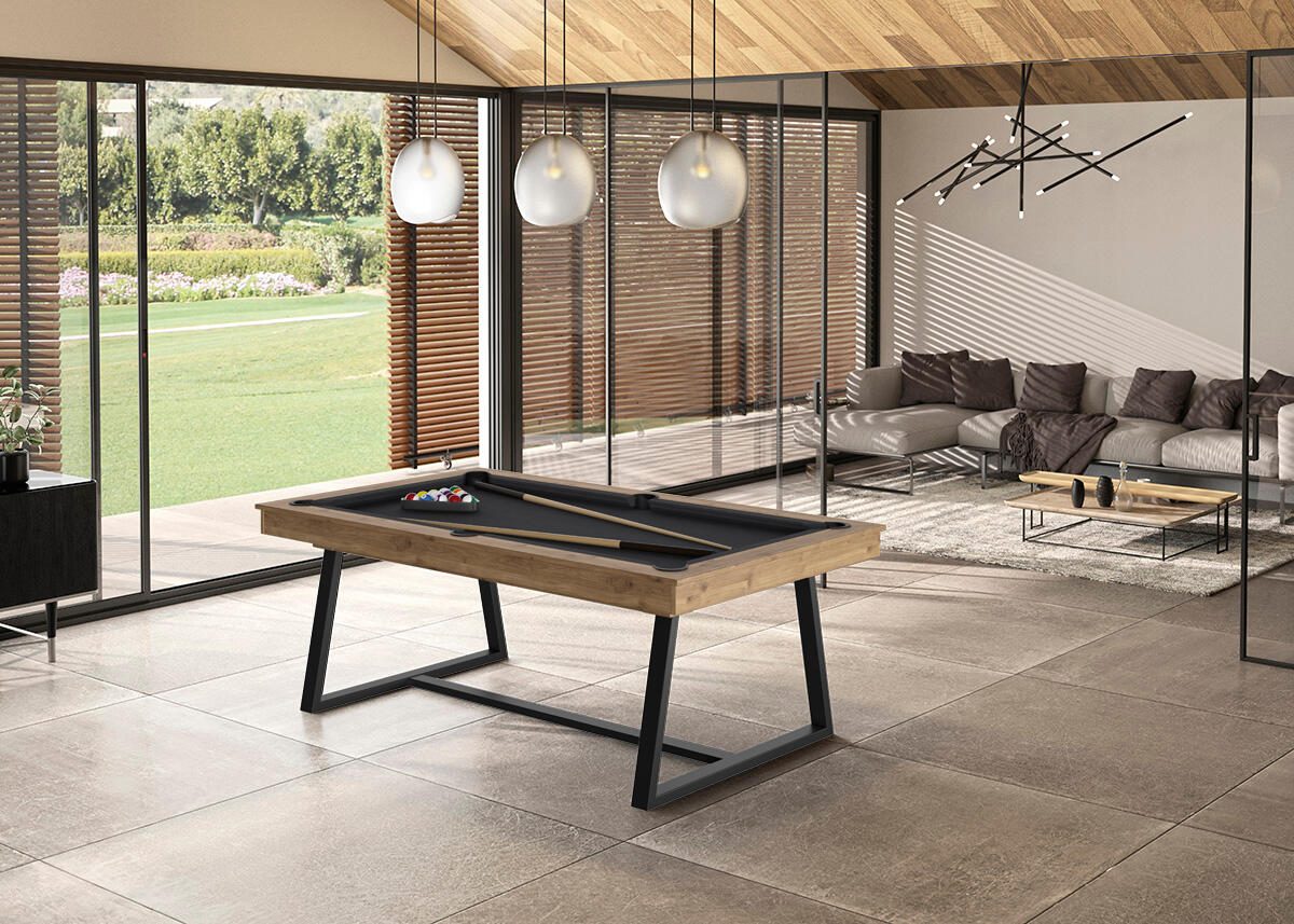 BILLARD BRIO CHENE SABLE - PIEDS NOIR - DRAP GREY AVEC PLATEAUX TABLE 3/5