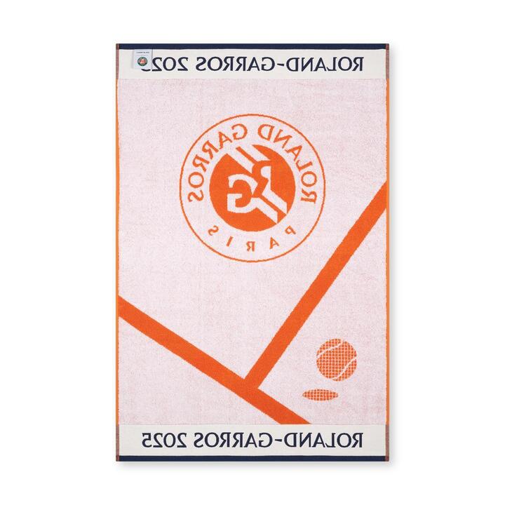 Serviette De Plage Roland Garros 2023 - Coton Jacquard - Motif Tour Eiffel Et Filet Tennis - Terre Battue Et Bleu