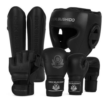 MMA-Set DBX Bushido Black Master Handschuhe Helm und Schützer