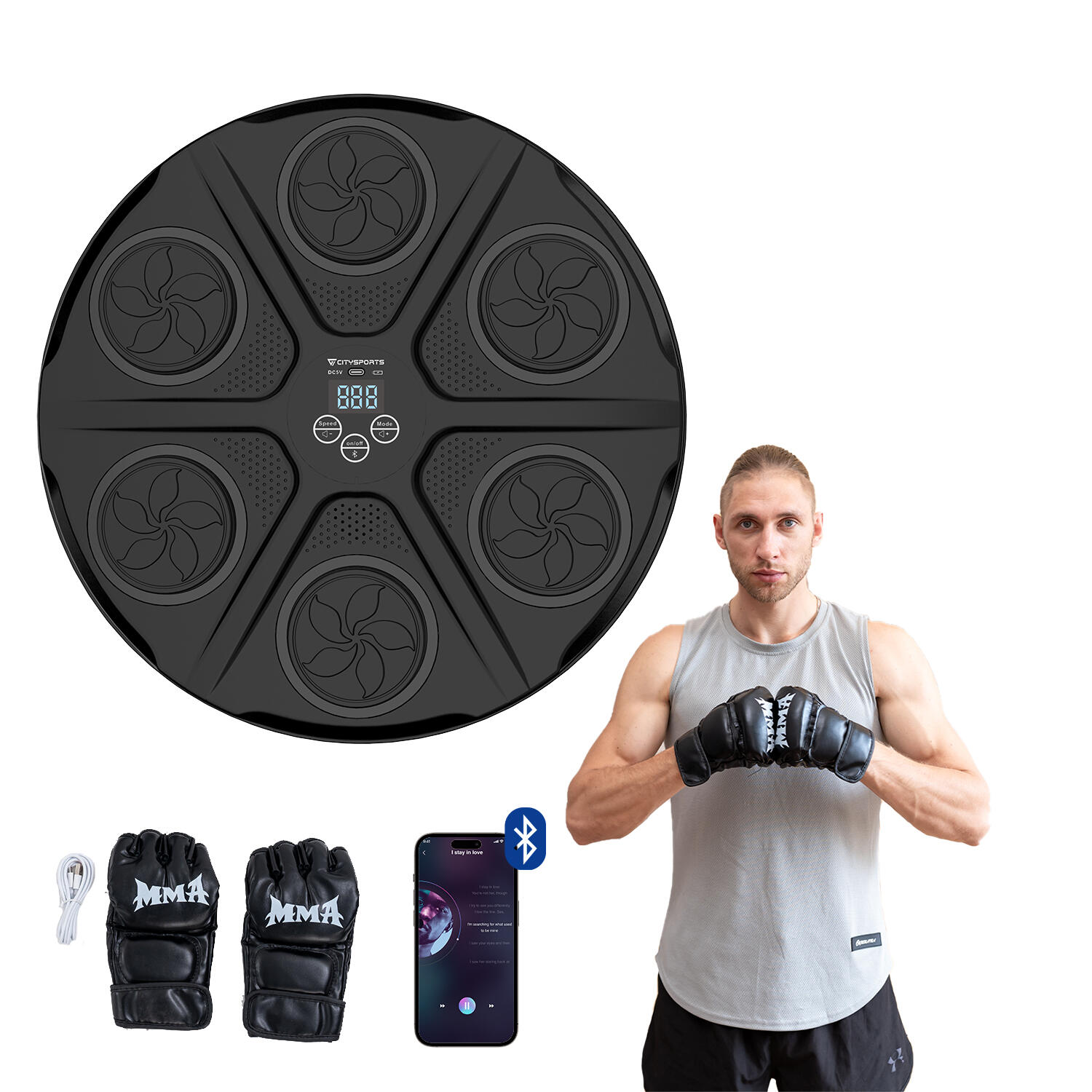 Máquina de boxe musical, montada na parede com luzes,12 velocidades e modos