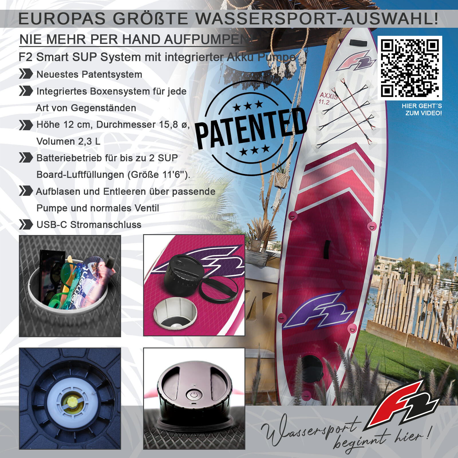 F2  Stand up Paddle Board AXXIS SMART Damen SUP mit E-Pumpe 354cm 11,6 Pink 3/6