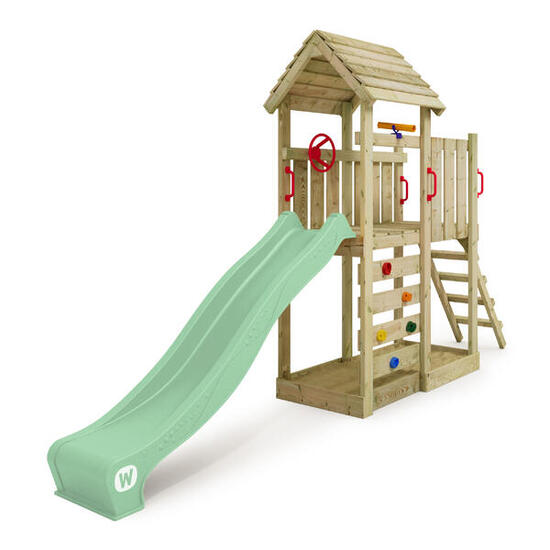 JoyFlyer houten schommel speeltoestel met pastel groene glijbaan
