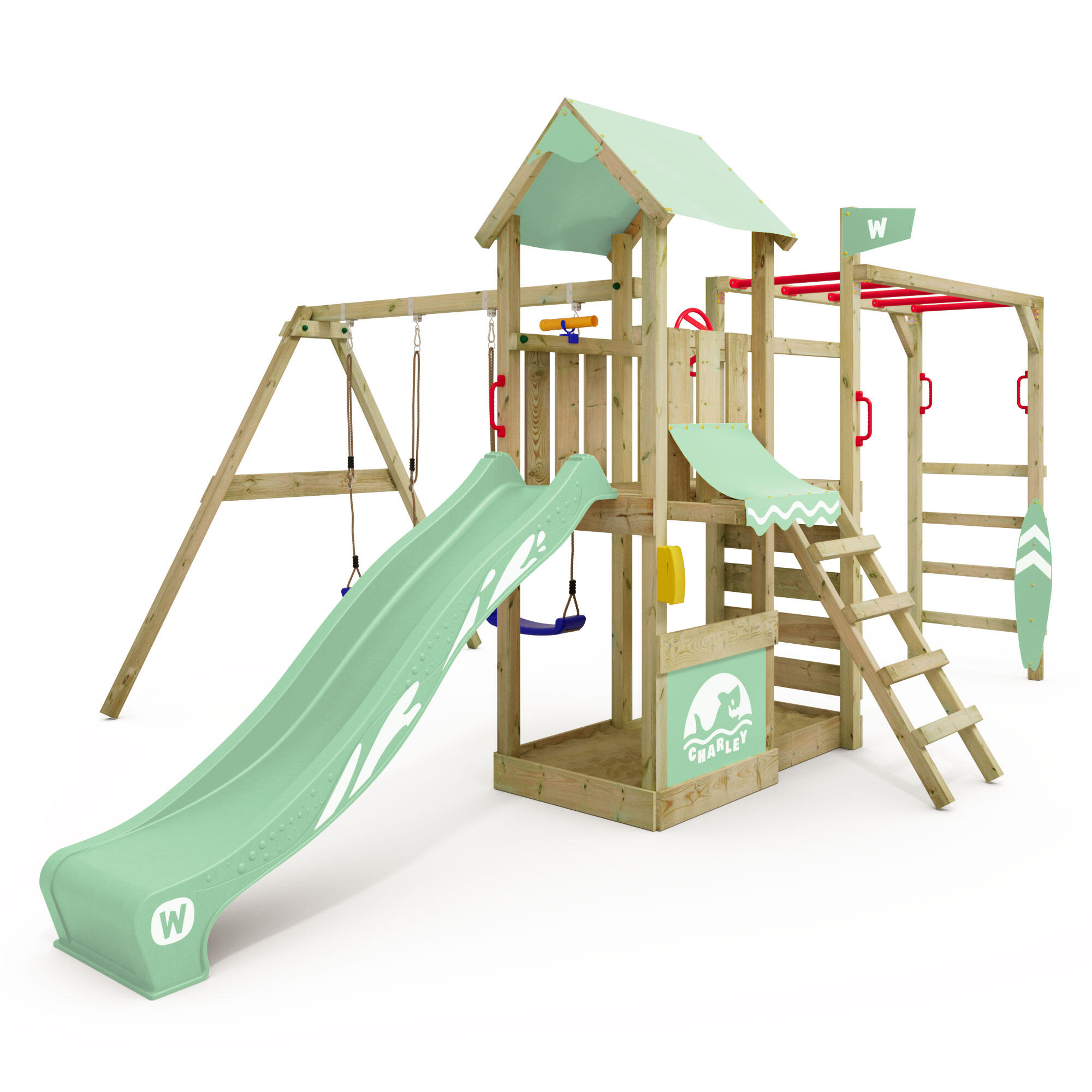 WICKEY Smart Baboon speeltoren met schommel & glijbaan pastelgroen