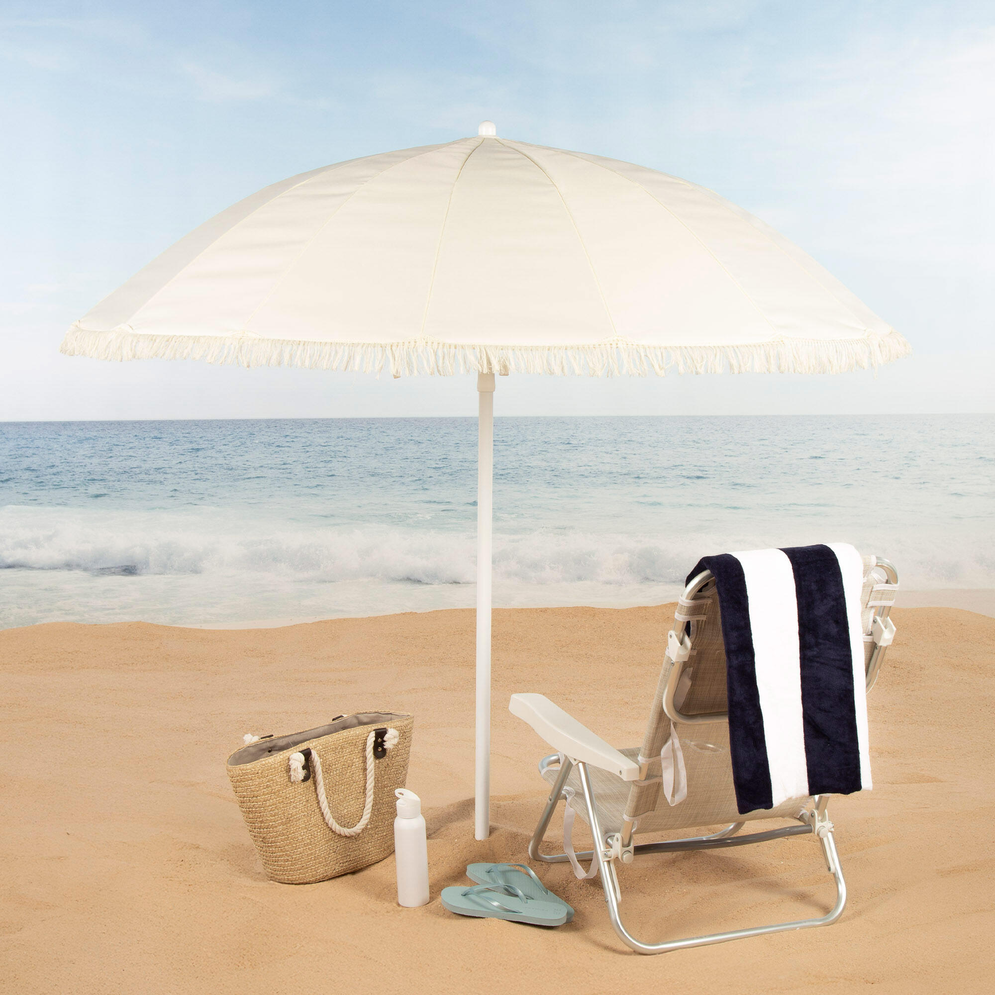 Parasol de plage 16 baleines, 200 cm, beige avec franges 2/7