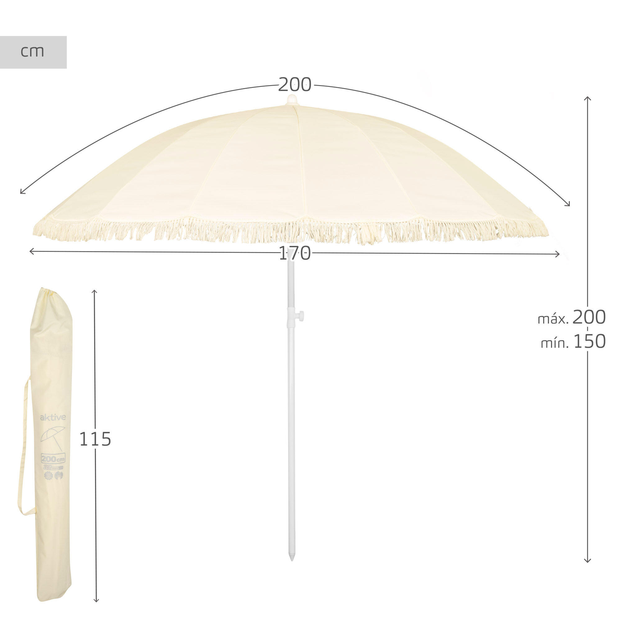 Parasol de plage 16 baleines, 200 cm, beige avec franges 4/7