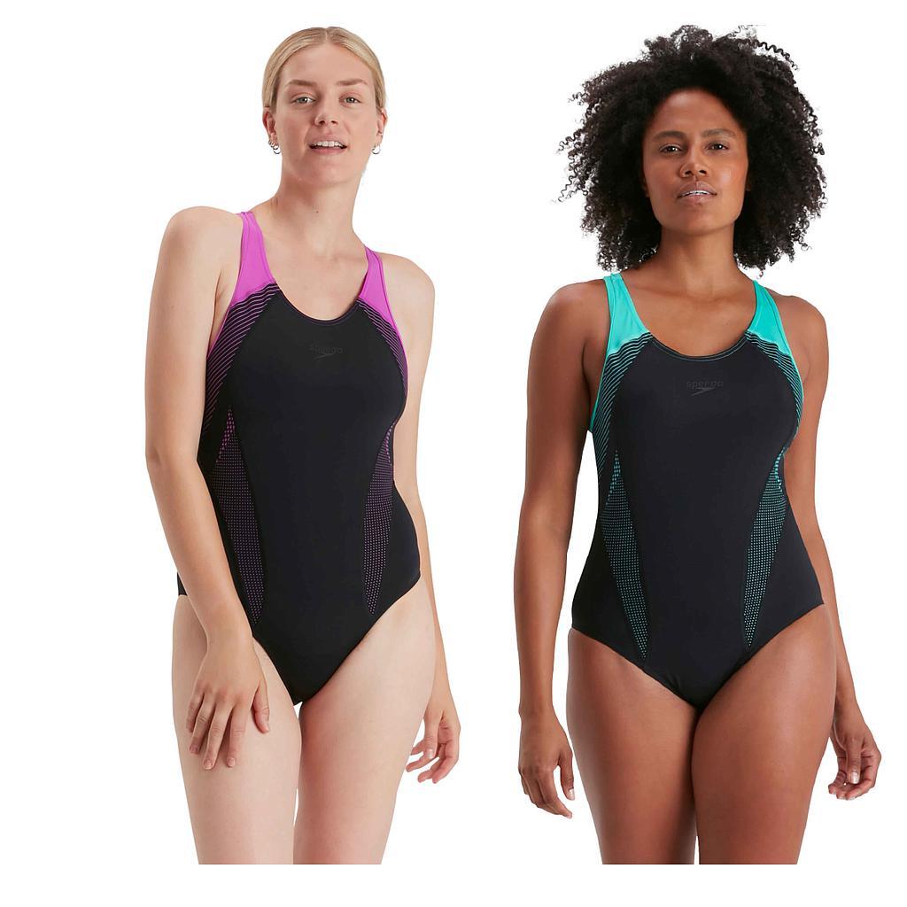 SPEEDO Speedo Endurance+ Plastisol Laneback Swimsuit, Black/Orchid