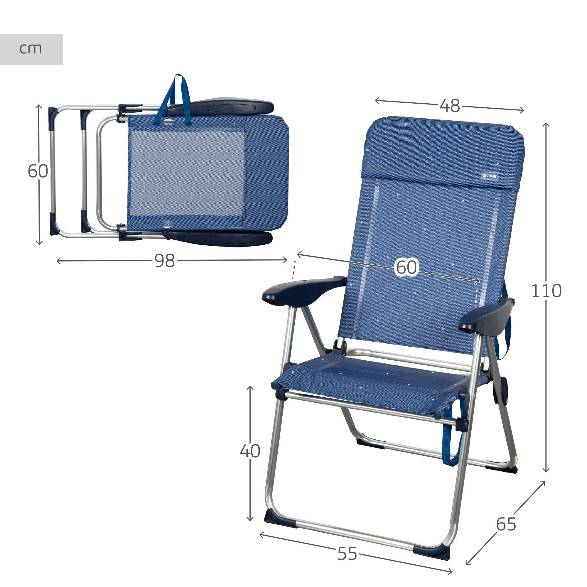 Aktive Lot de 2 chaises de plage pliantes 48x65x110 cm bleu 4 positions 4/7