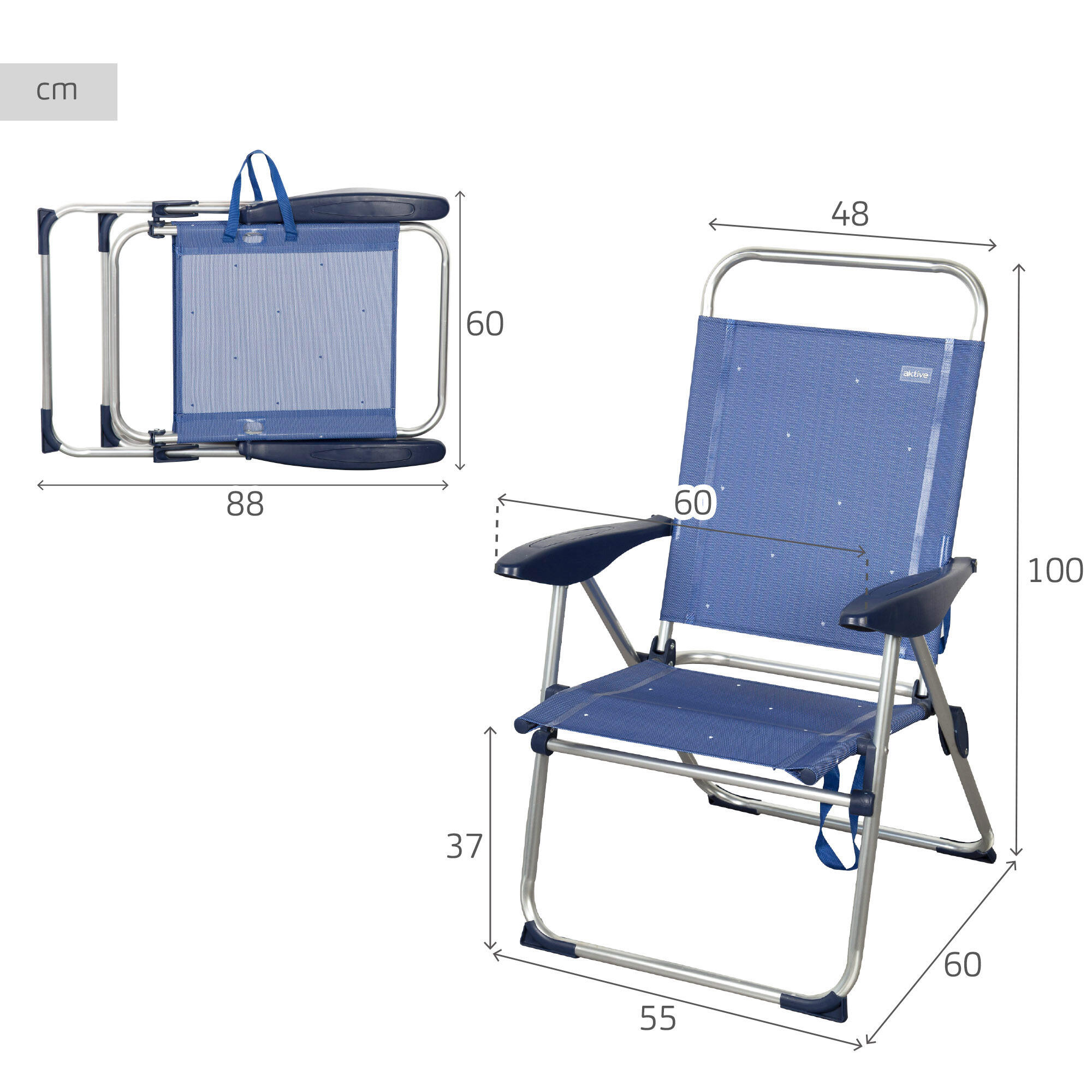 Aktive Confezione da 2 sedie da spiaggia pieghevoli 48x60x100 cm blu 4 posizioni 4/7