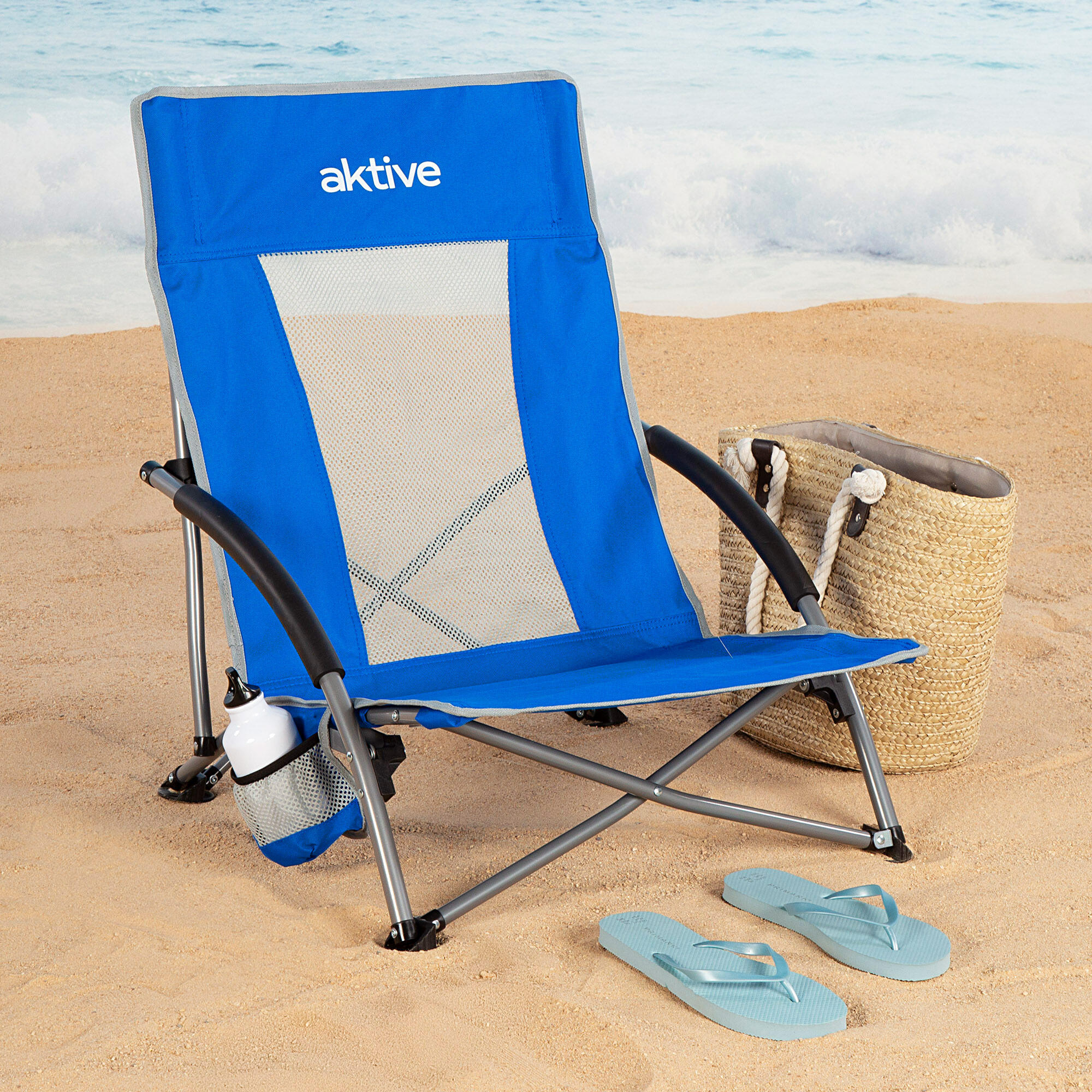Aktive Confezione da 4 sedie da spiaggia pieghevoli 50x51x67 cm blu con tasca 2/7
