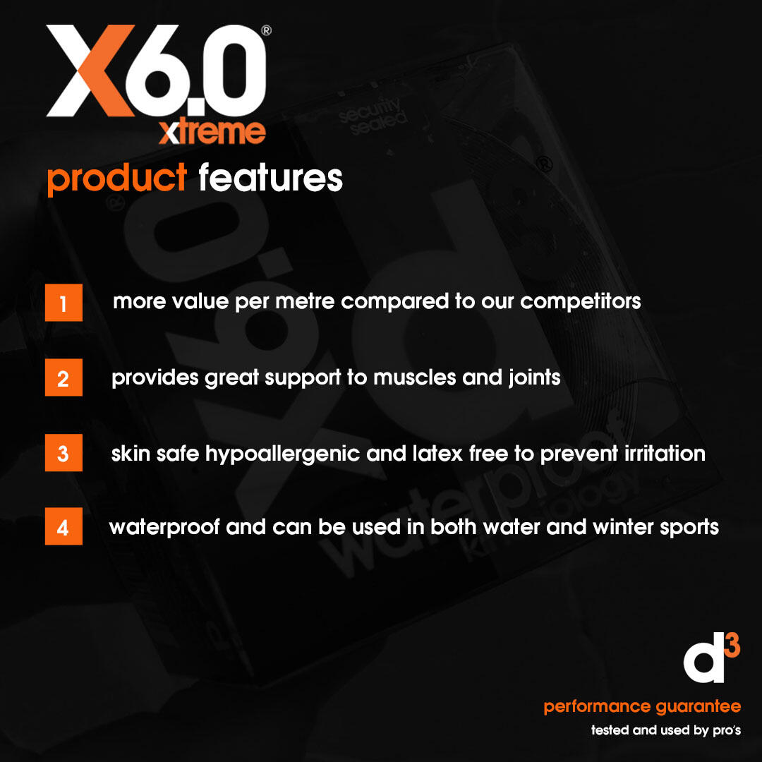 X6.0 Xtreme Waterproof Kinesiology Tape 50mm x 6m - Black - 6 Rolls 4/7