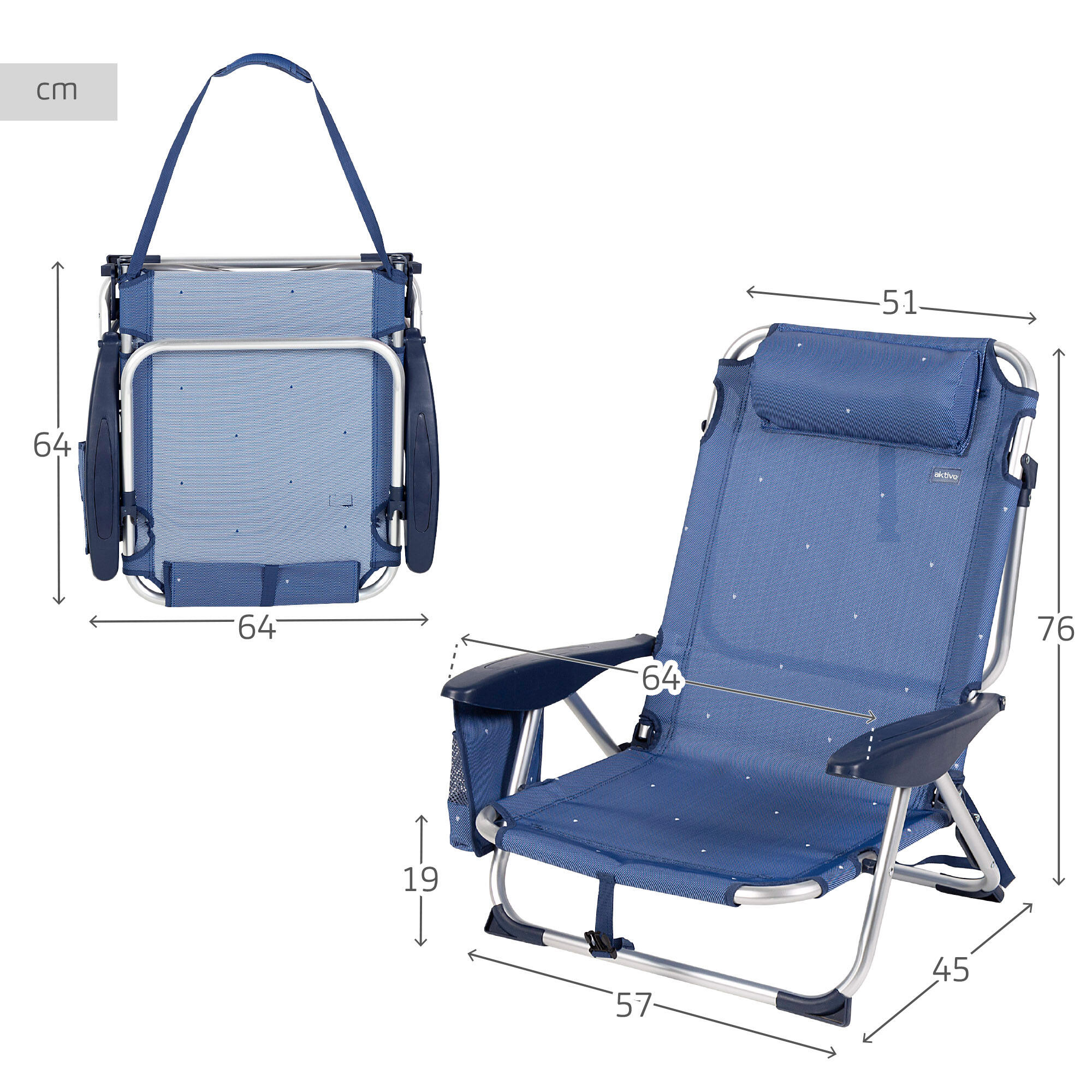 Aktive Confezione da 2 sedie da spiaggia basse, 4 posizioni, 51x45x76 cm, blu 4/7