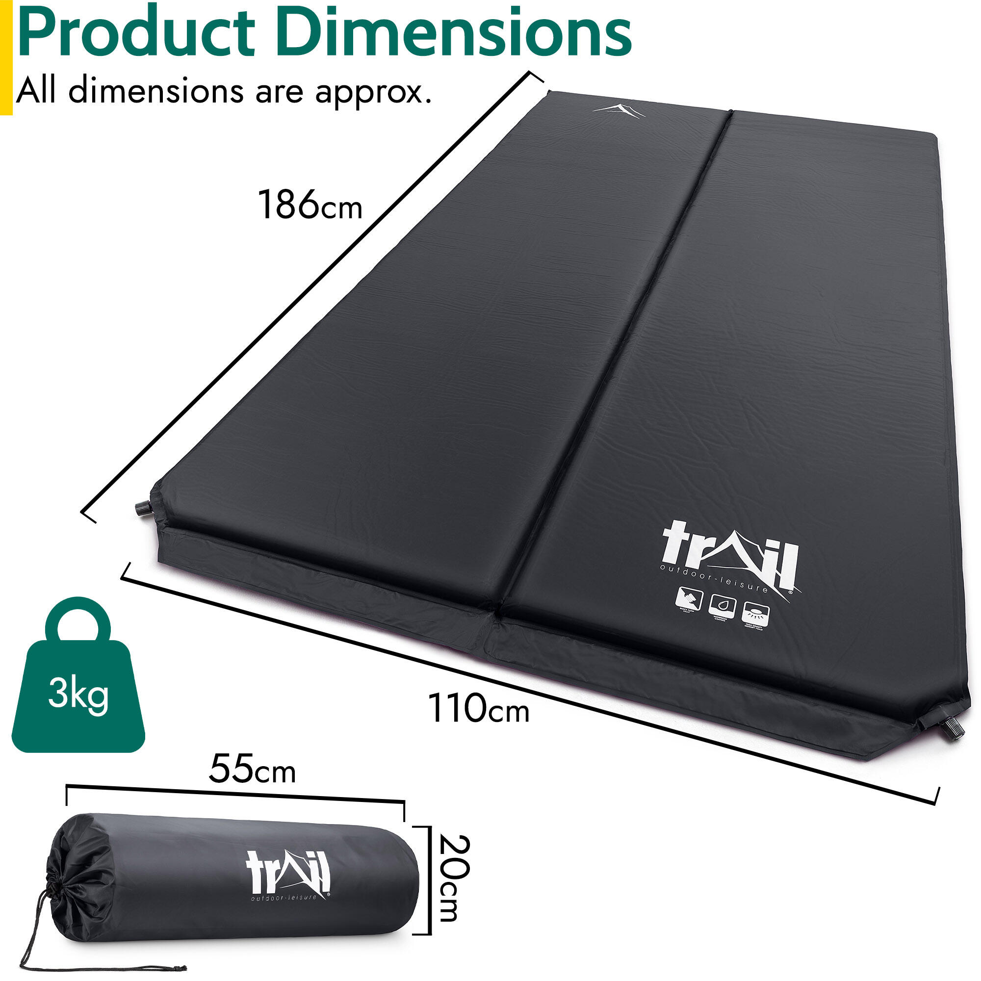 Double Camping Mat Self Inflating Inflatable Roll Mattress Extra Thick 5cm Trail 6/7