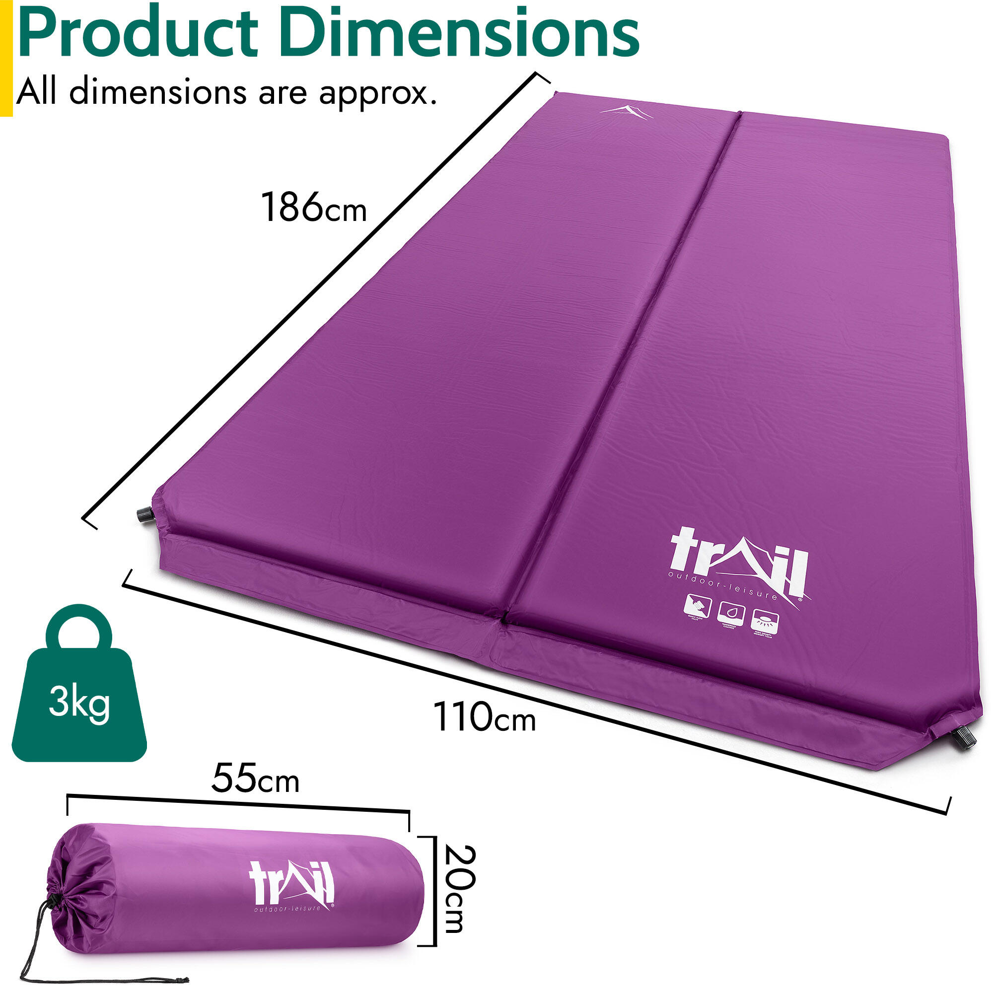 Double Camping Mat Self Inflating Inflatable Roll Mattress Extra Thick 5cm Trail 6/7
