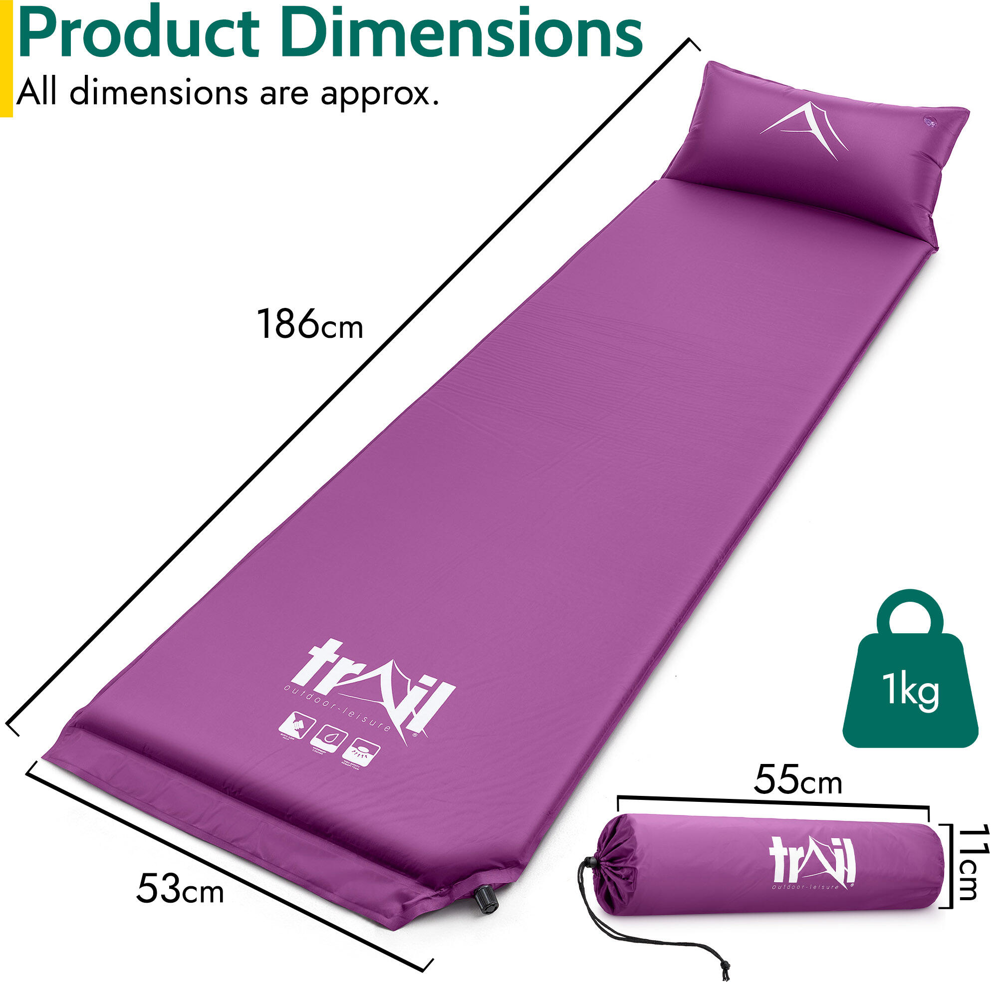 Single Pillow Camping Mat Self Inflating Inflatable Roll Mattress With Bag Trail 7/7