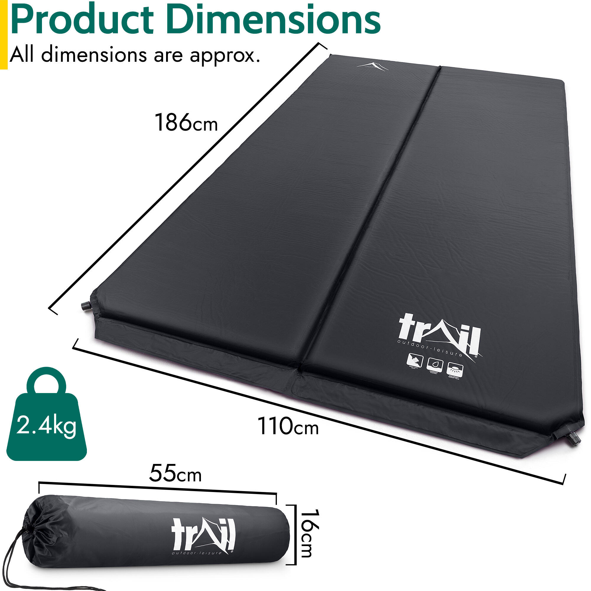 Double Camping Mat Self Inflating Inflatable Camp Roll Mattress With Bag Trail 6/7