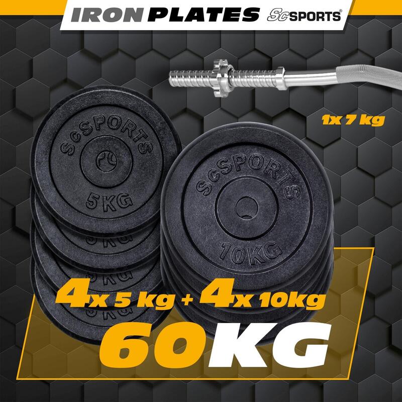 Set haltera bara curl si discuri 60 kg fonta negru